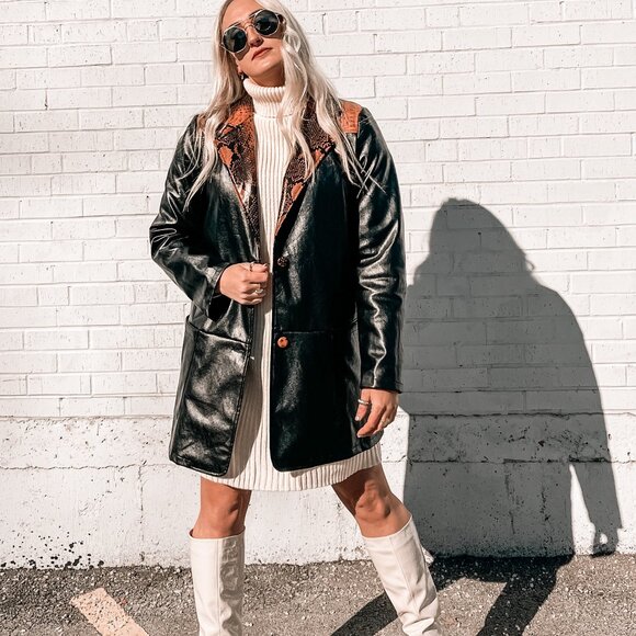 Vegan Leather Blazer Jacket with Snakeskin Collar - Picture 5 of 8